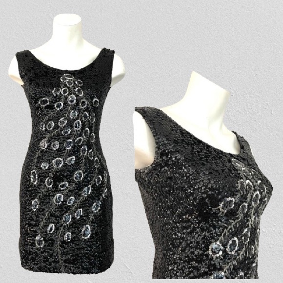 VTG 50s/60s Black All Sequin Wool Wiggle Mini Dress Peacock Feather Motif XS - Picture 1 of 12